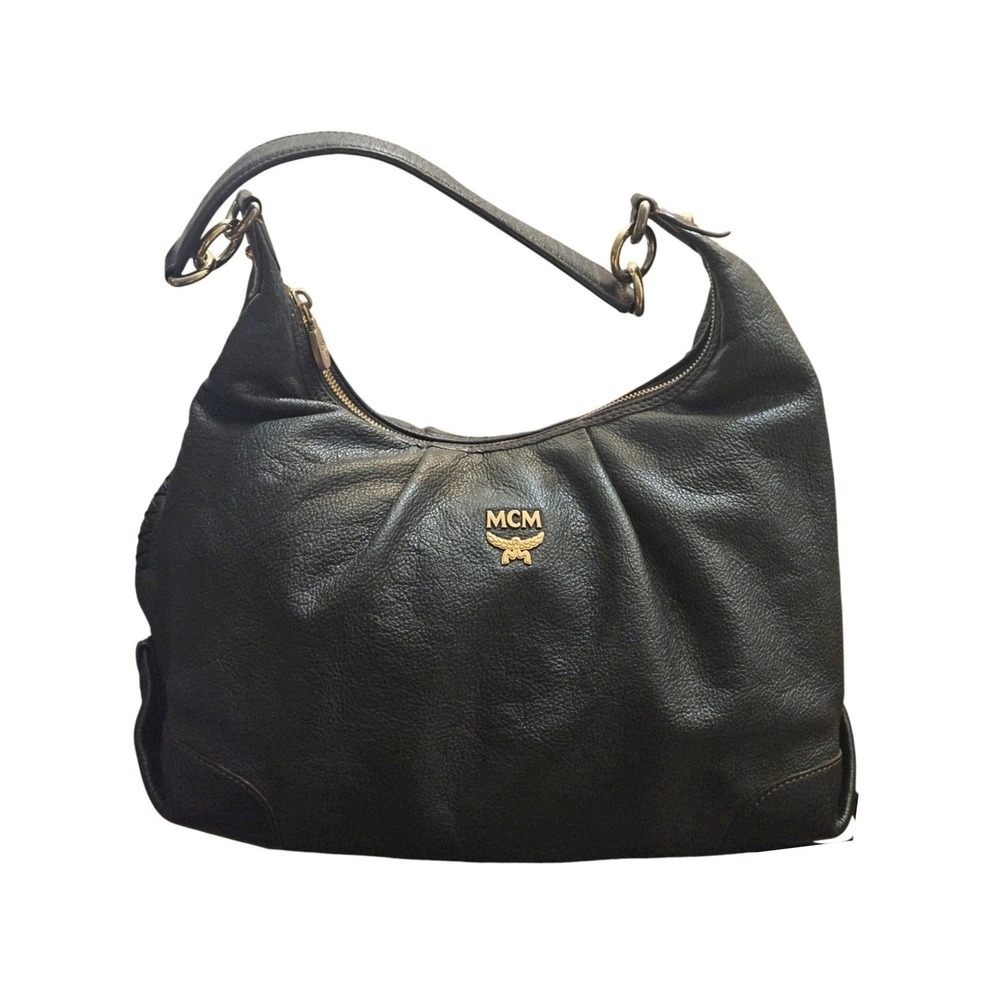 MCM Black Pebbled Leather Hobo Shoulder Bag Gold Logo Pleated Handbag
